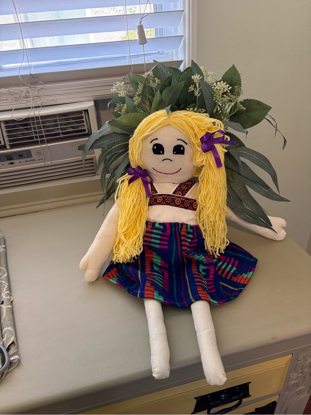 Handmade Cloth Doll with Colorful Skirt and Yellow Yarn Hair